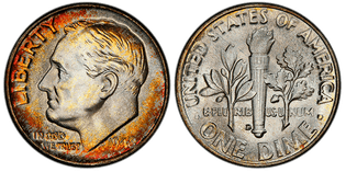 Obverse and reverse of the 1948-D Roosevelt Dimes FB