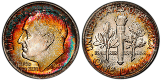 Obverse and reverse of the 1948 Full Band Type 2 Clad Roosevelt Dime Regular Strike