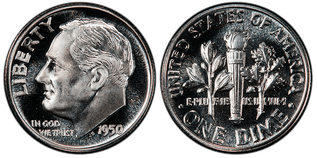 Obverse and reverse of the 1950 Proof Deep Cameo Type 1 Silver Roosevelt Dime