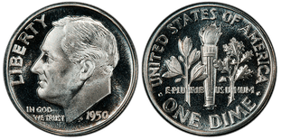 Obverse and reverse of the 1950 Roosevelt Dimes CAM (Proof)