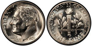 Obverse and reverse of the 1951 Proof Deep Cameo Type 1 Silver Roosevelt Dime