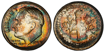 Obverse and reverse of the 1954 Proof Deep Cameo Roosevelt Dime