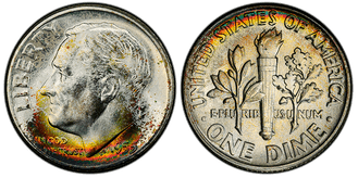 Obverse and reverse of the 1955 Roosevelt Dime