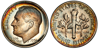 Obverse and reverse of the 1956 Proof Deep Cameo Type 1 Silver Roosevelt Dime