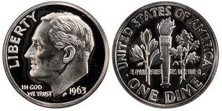 Obverse and reverse of the 1963-P Doubled Die Reverse Roosevelt Dime