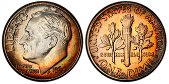 Obverse and reverse of the 1964-D Doubled Die Reverse Roosevelt Dime