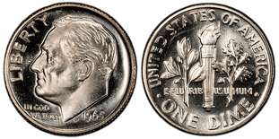 Obverse and reverse of the 1965 Roosevelt Dimes SMS