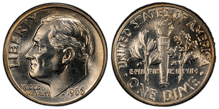 Obverse and reverse of the 1966 SMS Special Strike Type 2 Clad Roosevelt Dime