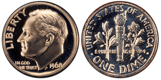 Obverse and reverse of the 1968 No S Proof Deep Cameo Type 2 Clad Roosevelt Dime