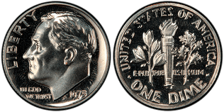 Obverse and reverse of the 1975 No S Proof Roosevelt Dime