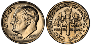 Obverse and reverse of the 1982-P No Mint Mark Roosevelt Dime