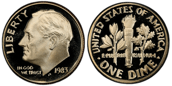 Obverse and reverse of the 1983 No S Proof Deep Cameo Type 2 Clad Roosevelt Dime
