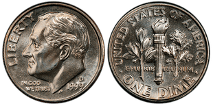Obverse and reverse of the 1999-D Roosevelt Dime Type 2 Clad Regular Strike